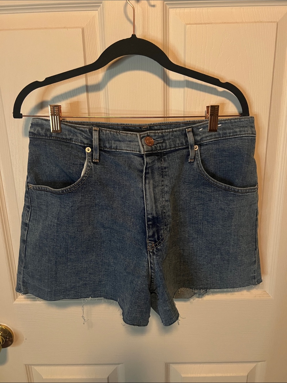 Express Mid-Blue Denim Jean Shorts with Raw Hem